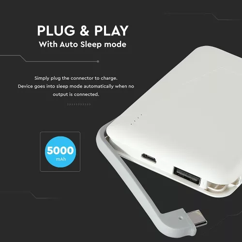 VT-3510 5000Mah-S Külső Akkumulátor LED-Es Kijelzővel És Beépített Kábellel - Fehér