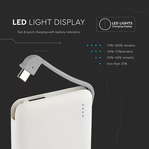 VT-3510 5000Mah-S Külső Akkumulátor LED-Es Kijelzővel És Beépített Kábellel - Fehér