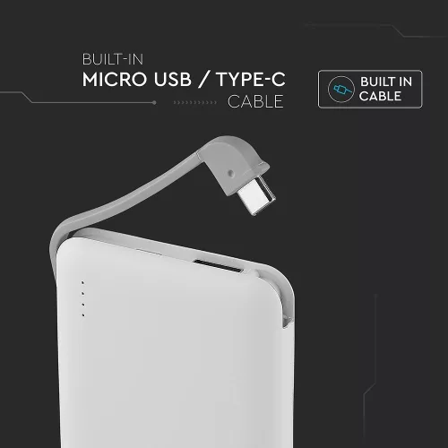 VT-3510 5000Mah-S Külső Akkumulátor LED-Es Kijelzővel És Beépített Kábellel - Fehér