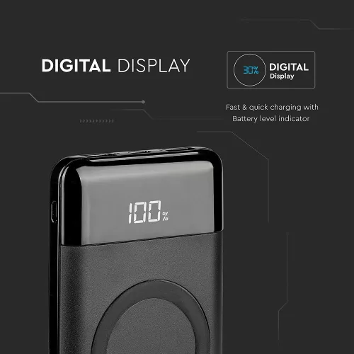 VT-3521 10000 Mah Vezeték Nélküli Power Bank Kettős Usb + Type-C + LED Képernyővel - Fekete
