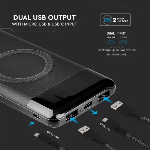 VT-3521 10000 Mah Vezeték Nélküli Power Bank Kettős Usb + Type-C + LED Képernyővel - Fekete