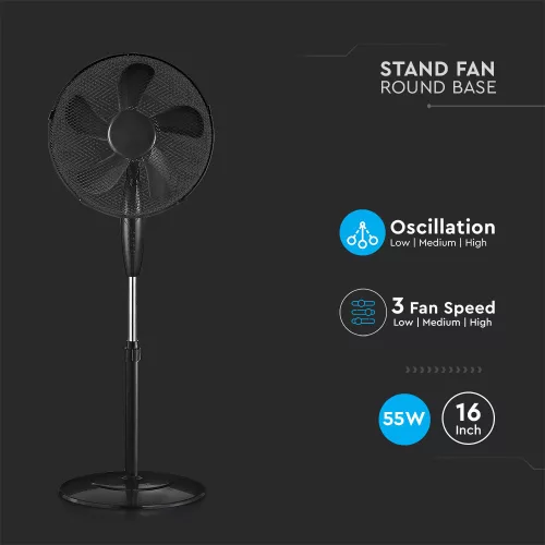 vertical ventilator rotund cu bază, 55w, negru, V-TAC, 7923