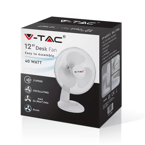 12 hüvelykes asztali ventilátor, 40w, fehér, V-TAC, 7924