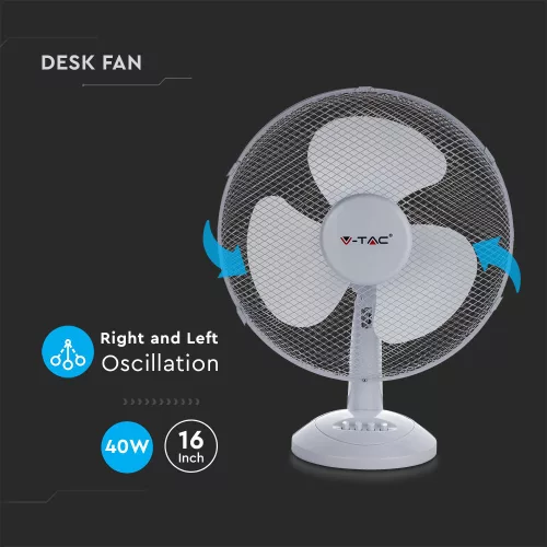 16 hüvelykes asztali ventilátor, 40w, fehér, V-TAC, 7925