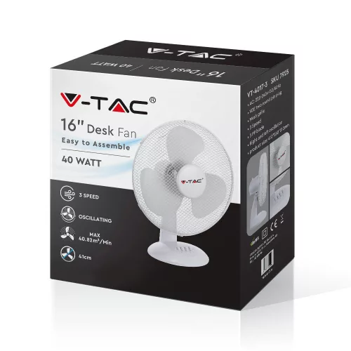 16 hüvelykes asztali ventilátor, 40w, fehér, V-TAC, 7925
