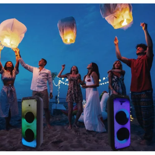 RGB Bluetooth hangszóró , party hangfal LED világítással , mikrofonnal , távirányítóval , 100 watt , USB , tölthető , 86 x 34 cm