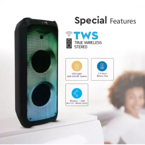 RGB Bluetooth hangszóró , party hangfal LED világítással , mikrofonnal , távirányítóval , 100 watt , USB , tölthető , 86 x 34 cm