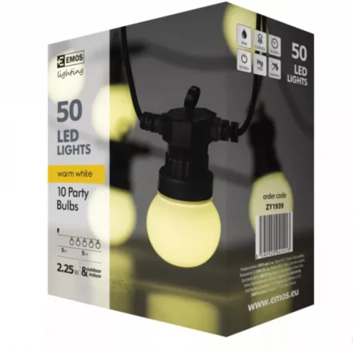 LED fényfüzér – 10x party égő, opál, 5 m, kültéri és beltéri, meleg fehér, IP44, EMOS, DCPW01