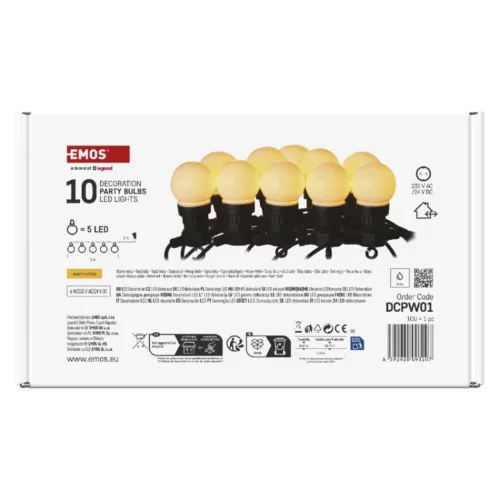 LED fényfüzér – 10x party égő, opál, 5 m, kültéri és beltéri, meleg fehér, IP44, EMOS, DCPW01
