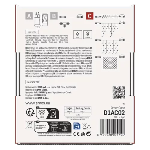 Standard LED sorolható karácsonyi füzér, 5 m, kültéri és beltéri, hideg fehér, IP44, EMOS, D1AC02