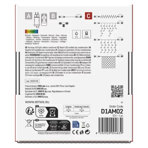 Standard LED sorolható karácsonyi füzér, 5 m, kültéri és beltéri, többszínű, RGB, IP44, EMOS, D1AM02