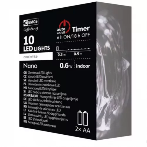 LED karácsonyi nano fényfüzér, ezüst, 0,9 m, 2x AA, beltéri, hideg fehér, időzítő, IP20, EMOS, D3AC06