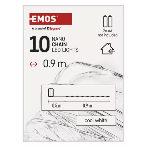 LED karácsonyi nano fényfüzér, ezüst, 0,9 m, 2x AA, beltéri, hideg fehér, időzítő, IP20, EMOS, D3AC06
