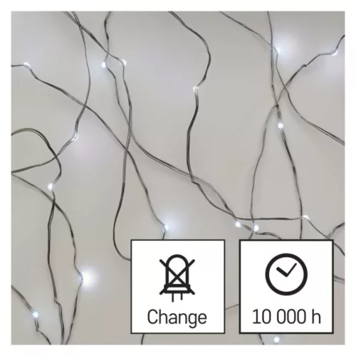 LED karácsonyi nano fényfüzér, ezüst, 0,9 m, 2x AA, beltéri, hideg fehér, időzítő, IP20, EMOS, D3AC06