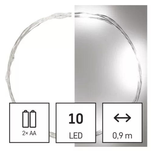 LED karácsonyi nano fényfüzér, ezüst, 0,9 m, 2x AA, beltéri, hideg fehér, időzítő, IP20, EMOS, D3AC06