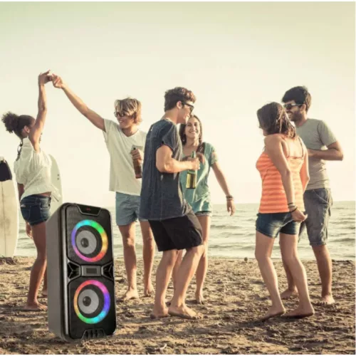 RGB Bluetooth hordozható hangszóró , party hangfal LED világítással , 2 x 10 watt , USB , tölthető , 41 x 18 cm