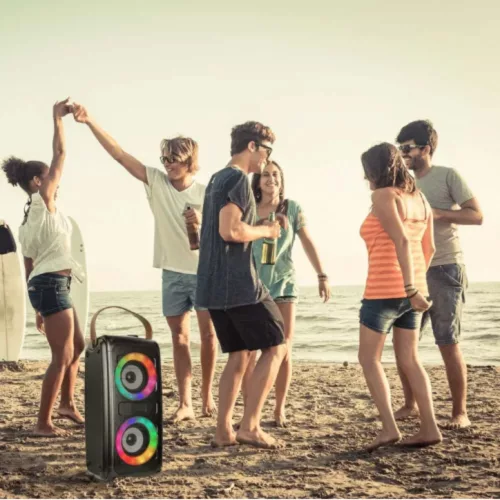 RGB Bluetooth hordozható hangszóró , party hangfal LED világítással , 2 x 10 watt , USB , tölthető , 34 x 15 cm