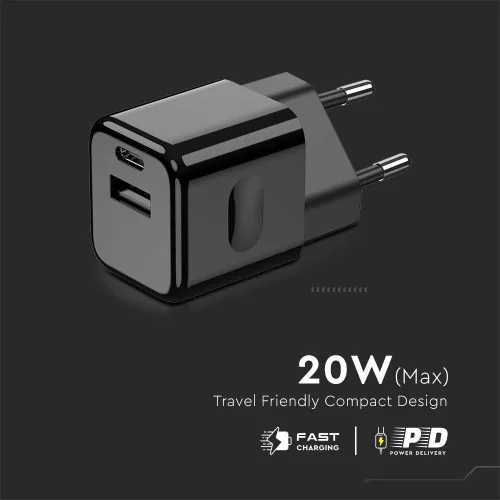 VT-5320 20W-Os Töltőadapter 1 Pd+1 Qc Porttal, Fekete