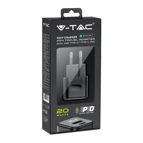 VT-5320 20W-Os Töltőadapter 1 Pd+1 Qc Porttal, Fekete