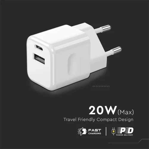 VT-5320 20W-Os Töltőadapter 1 Pd+1 Qc Porttal, Fehér
