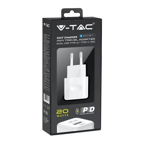 VT-5320 20W-Os Töltőadapter 1 Pd+1 Qc Porttal, Fehér