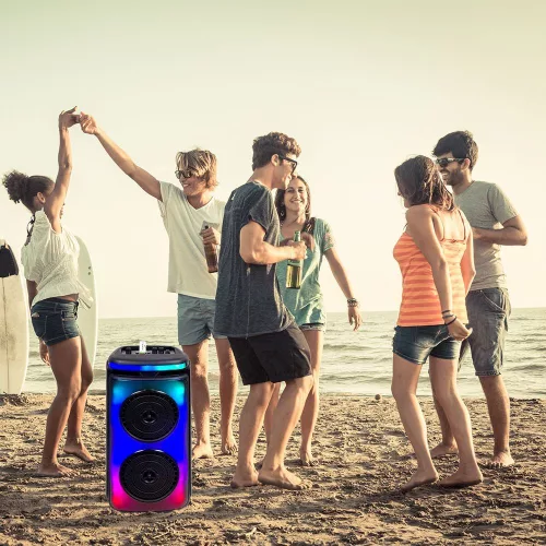 RGB Bluetooth hangszóró , party hangfal LED világítással , mikrofonnal , távirányítóval , 2 x 10 watt , USB , tölthető , 54 x 27 cm