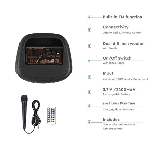 RGB Bluetooth hangszóró , party hangfal LED világítással , mikrofonnal , távirányítóval , 2 x 10 watt , USB , tölthető , 54 x 27 cm