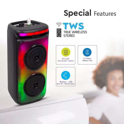 RGB Bluetooth hangszóró , party hangfal LED világítással , mikrofonnal , távirányítóval , 2 x 10 watt , USB , tölthető , 54 x 27 cm
