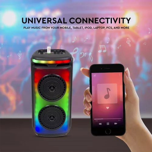 RGB Bluetooth hangszóró , party hangfal LED világítással , mikrofonnal , távirányítóval , 2 x 10 watt , USB , tölthető , 54 x 27 cm