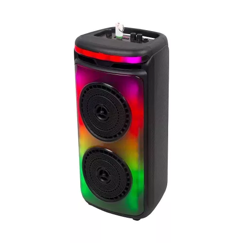 RGB Bluetooth hangszóró , party hangfal LED világítással , mikrofonnal , távirányítóval , 2 x 10 watt , USB , tölthető , 54 x 27 cm