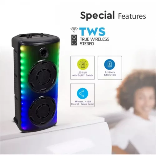 RGB Bluetooth hangszóró , party hangfal LED világítással , mikrofonnal , távirányítóval , 2 x 10 watt , USB , tölthető , 65 x 32 cm