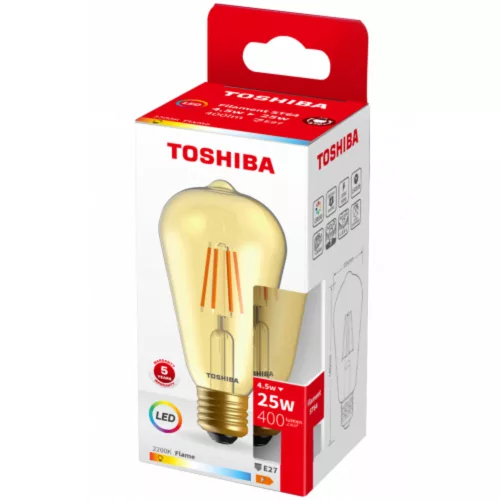Bec LED , bec , efect filament , filament , E27 soclu , ST64 , 4.5 Watt , alb cald , galben chihlimbar , TOSHIBA , garanție 5 ani