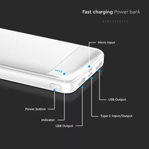 Hordozható gyorsan töltő power bank, 22,5w, fehér, V-TAC, 7834