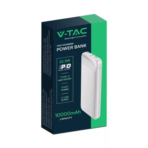 Hordozható gyorsan töltő power bank, 22,5w, fehér, V-TAC, 7834