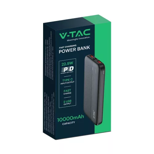 Hordozható gyorsan töltő power bank, 22,5w, fekete, V-TAC, 7831
