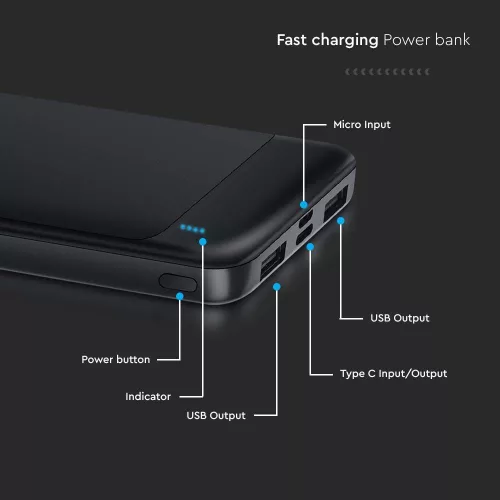 Hordozható gyorsan töltő power bank, 22,5w, fekete, V-TAC, 7833