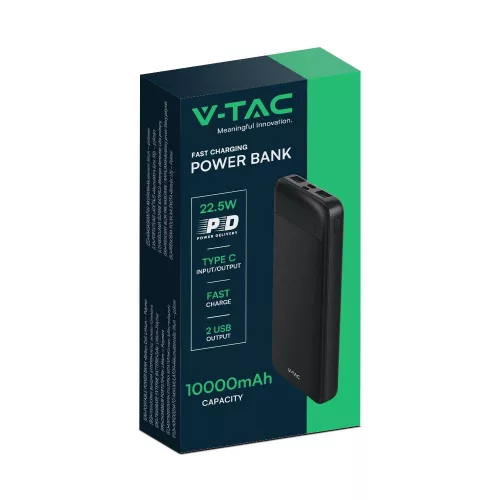 Hordozható gyorsan töltő power bank, 22,5w, fekete, V-TAC, 7833