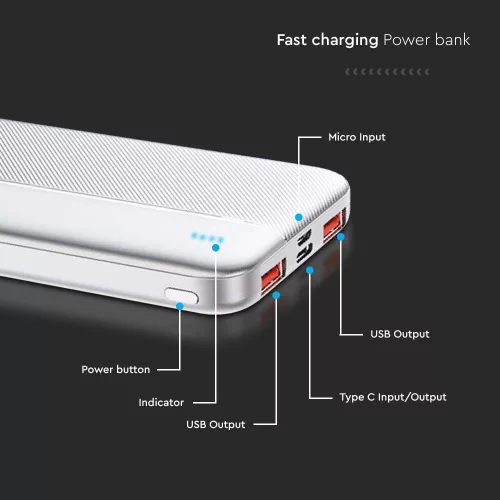 Hordozható gyorsan töltő power bank, 22,5w, fehér, V-TAC, 7832