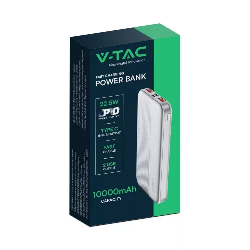 Hordozható gyorsan töltő power bank, 22,5w, fehér, V-TAC, 7832