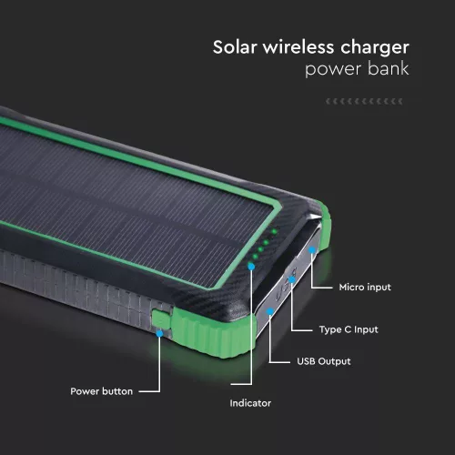 Napelemes vezeték nélküli power bank, fekete, V-TAC, 7835