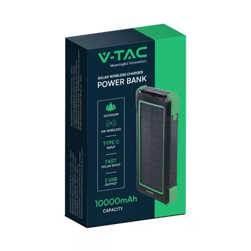 Napelemes vezeték nélküli power bank, fekete, V-TAC, 7835