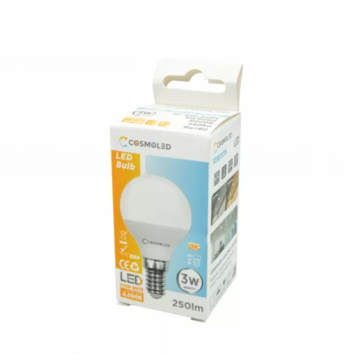 LED lámpa , égő , kisgömb , E14 foglalat , 3W , meleg fehér , COSMOLED