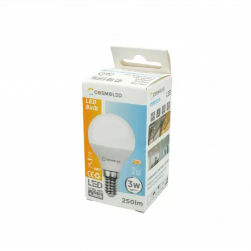 LED lámpa , égő , kisgömb , E14 foglalat , 3W , természetes fehér , COSMOLED