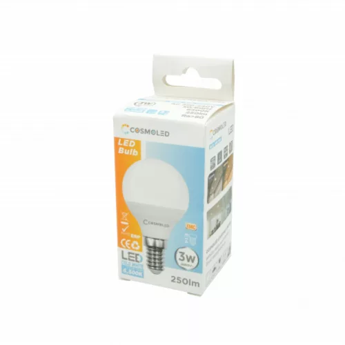 LED lámpa , égő , kisgömb , E14 foglalat , 3W , hideg fehér , COSMOLED