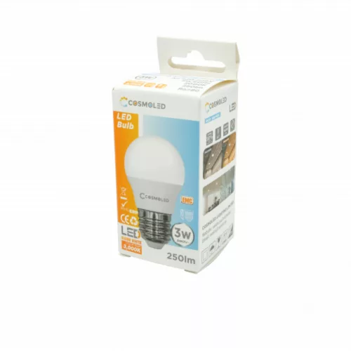 LED lámpa , égő , kisgömb , E27 foglalat , 3W , meleg fehér , COSMOLED