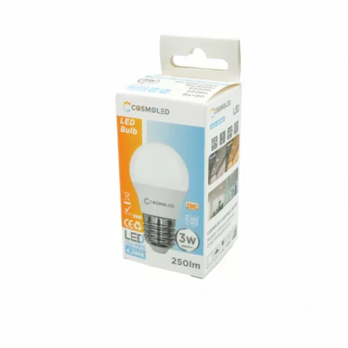 LED lámpa , égő , kisgömb , E27 foglalat , 3W , hideg fehér , COSMOLED