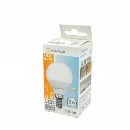 LED lámpa , égő , kisgömb , E14 foglalat , 6W , meleg fehér , COSMOLED