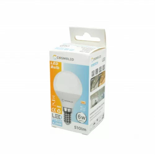 LED lámpa , égő , kisgömb , E14 foglalat , 6W , hideg fehér , COSMOLED