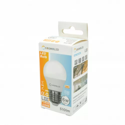 LED lámpa , égő , kisgömb , E27 foglalat , 6W , meleg fehér , COSMOLED