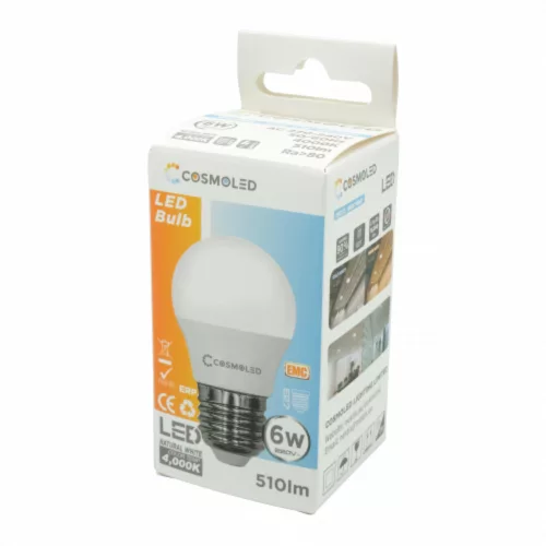 LED lámpa , égő , kisgömb , E27 foglalat , 6W , természetes fehér , COSMOLED